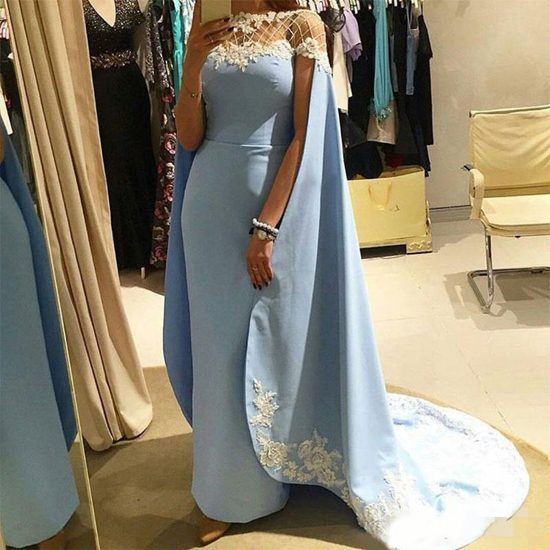 Light Sky Blue Fashion Sheath Prom Dresses With Cape/Wraps Handmade Appliques Women Formal Dresses Evening Wear Beads African Party Gowns