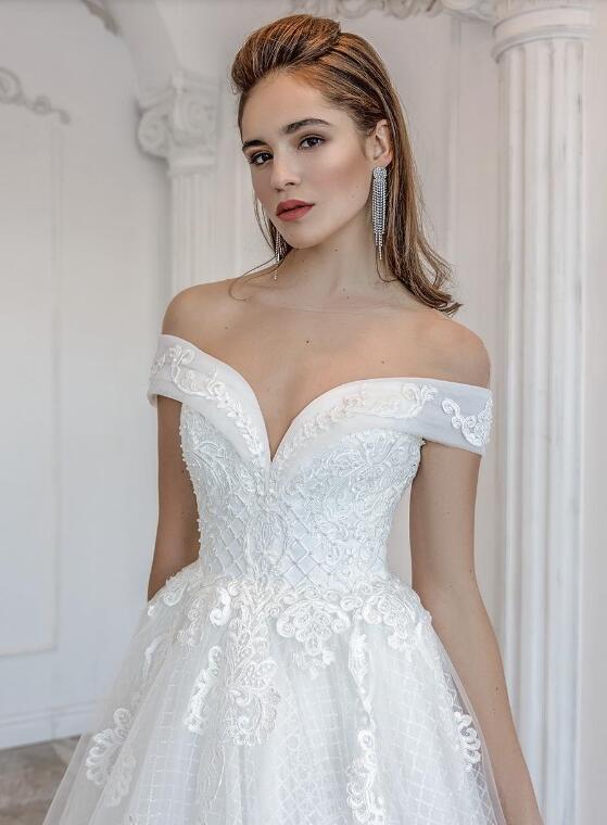 2019 Designer Wedding Dresses robe de mariée 2019 Off Shoulder Lace Applique Tulle Beach Wedding Dress Lace Up Sexy Bridal Gowns Cheap