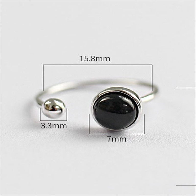 New Simple Style 925 Sterling Silver Round Beads Black Agate Moon Stone Open Size Rings For Women Statement Adjustable Ring