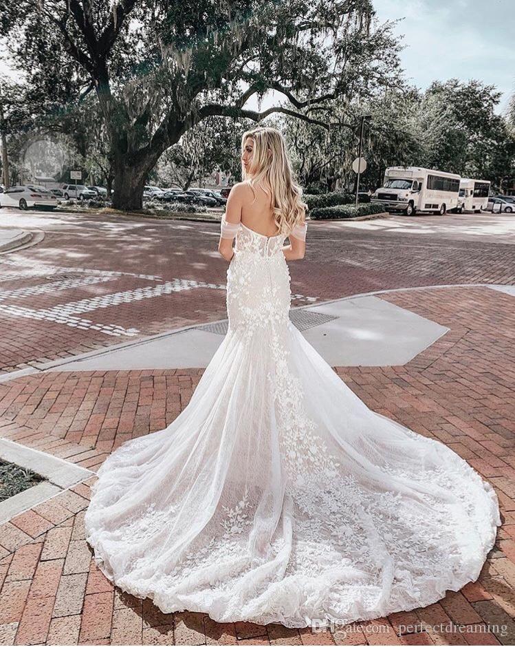 2019 Gorgeous Mermaid Lace Wedding Dresses Off The Shoulder Sweep Train Bohemian Wedding Dress Appliqued Plus Size Vestidos De Novia