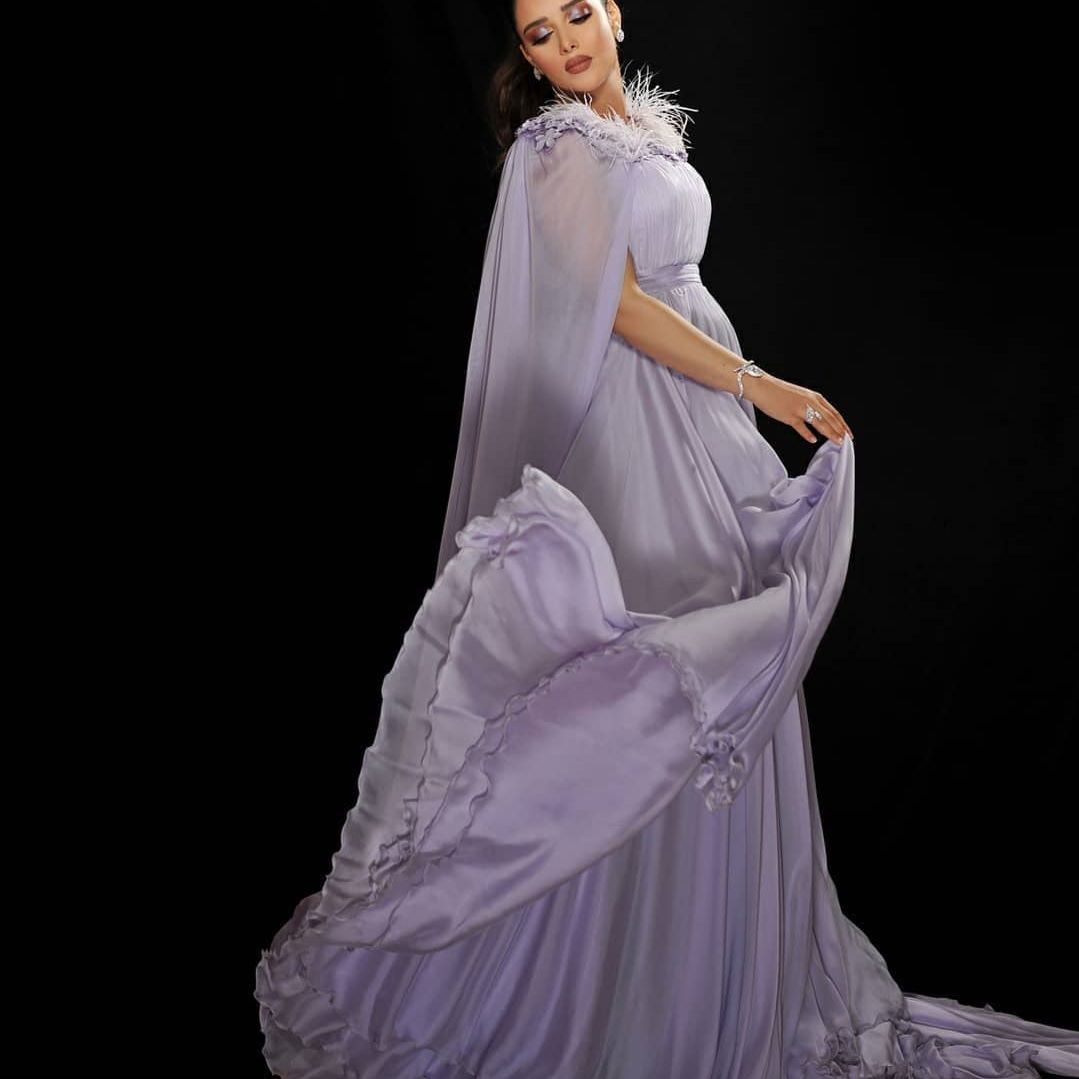 2020 Light Purple Prom Dresses With Cape A Line Ruffles Feather Fairy Evening Gowns Custom Made Cheap Formal Dress Party Wear