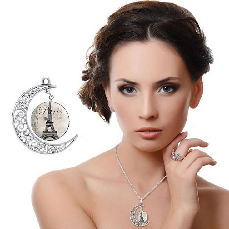 Openwork carved moon Eiffel Tower time gemstone necklace DJN173 mix order Pendant Necklaces jewelry