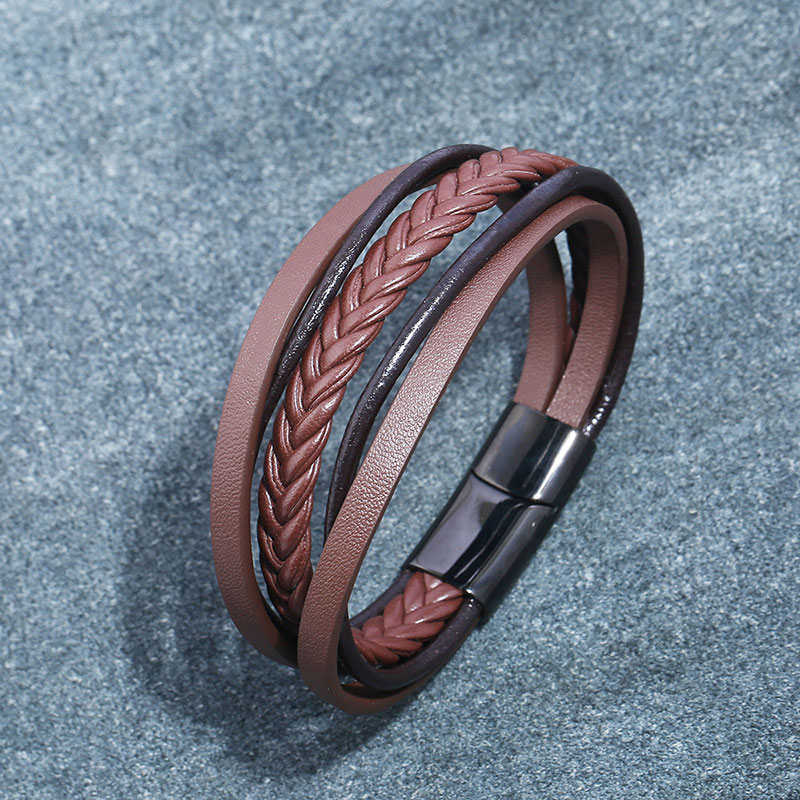 Simple Handmade Weave Multilayer Leather Stainless Steel Charm Bracelets Black Brown Rock Bangle Jewelry For Women Men
