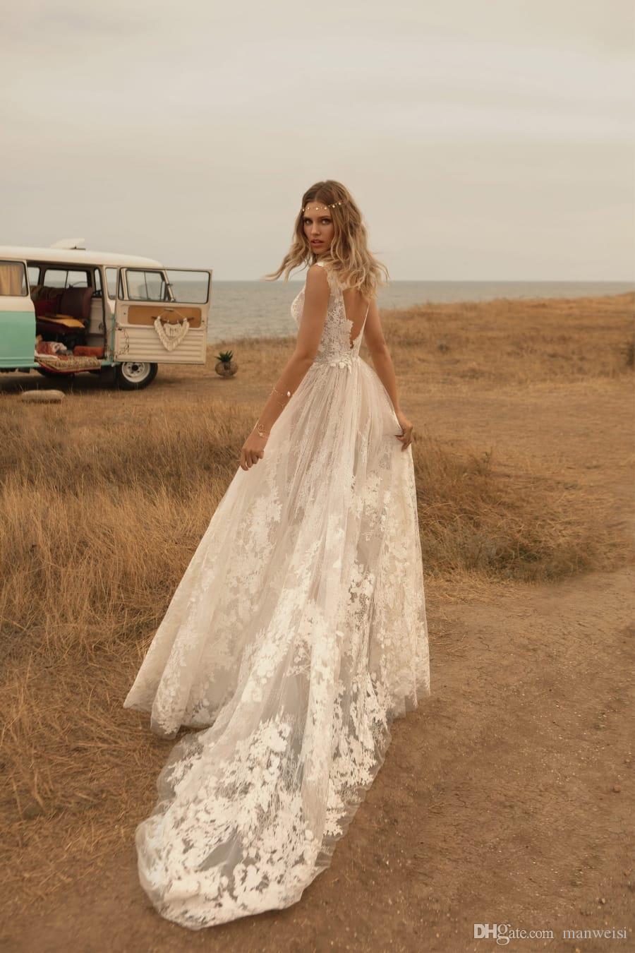 sexy newest wedding dresses v neck lace appliqued bridal gown boho country a line wedding dress robes de marie