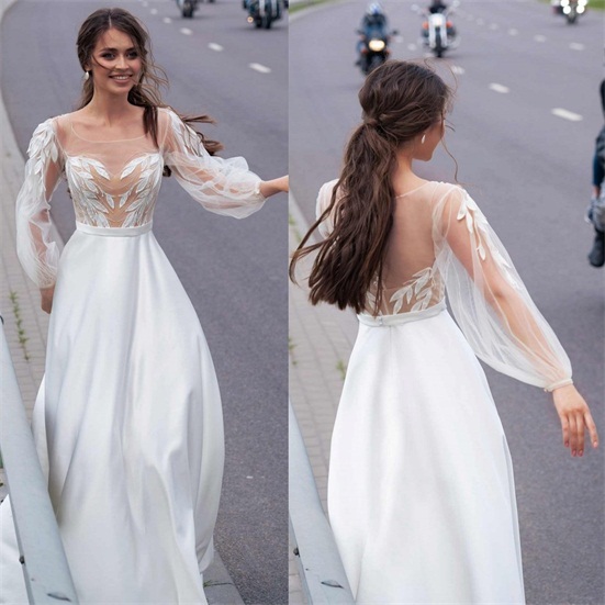 bohemian aline wedding dress applique beading satin sweep train wedding dress long sleeve illusion bodice custom made beach gowns