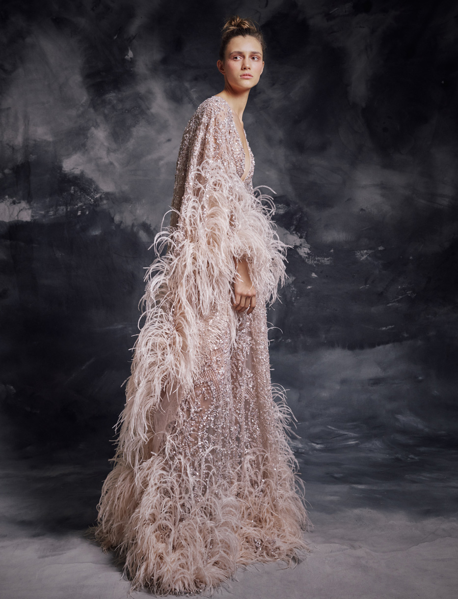 Modest Krikor Jabotian Elegant V Neck Long Sleeve A Line Evening Dresses Sequins Lace Feather Formal Dresses Sweep Train Party Gown