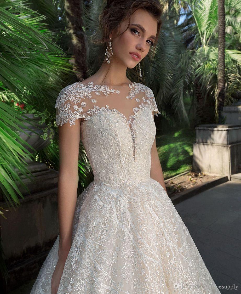 Elegant Appliques Newest Lace Wedding Dress A-Line Scoop Neck Cap Sleeve Beaded Vintage Sweep Train Bride Gowns Vestido De Noiva