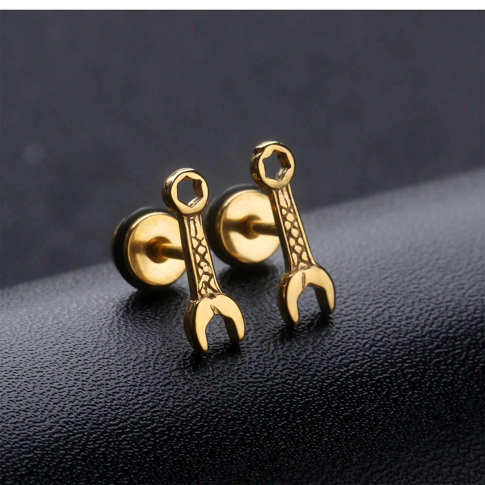 Casting Wrench Stud Earrings Jewelry Cool Men Screw Back 316L Stainless Steel Ear Bone Nail Earrings