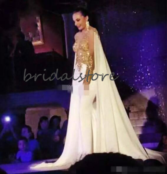 White Mermaid Evening Dresses With Sleeves Dubai Sexy Backless Gold Beaded Prom Party Gowns Elegant Kaftan Arabic Celebrity Evening Skirts