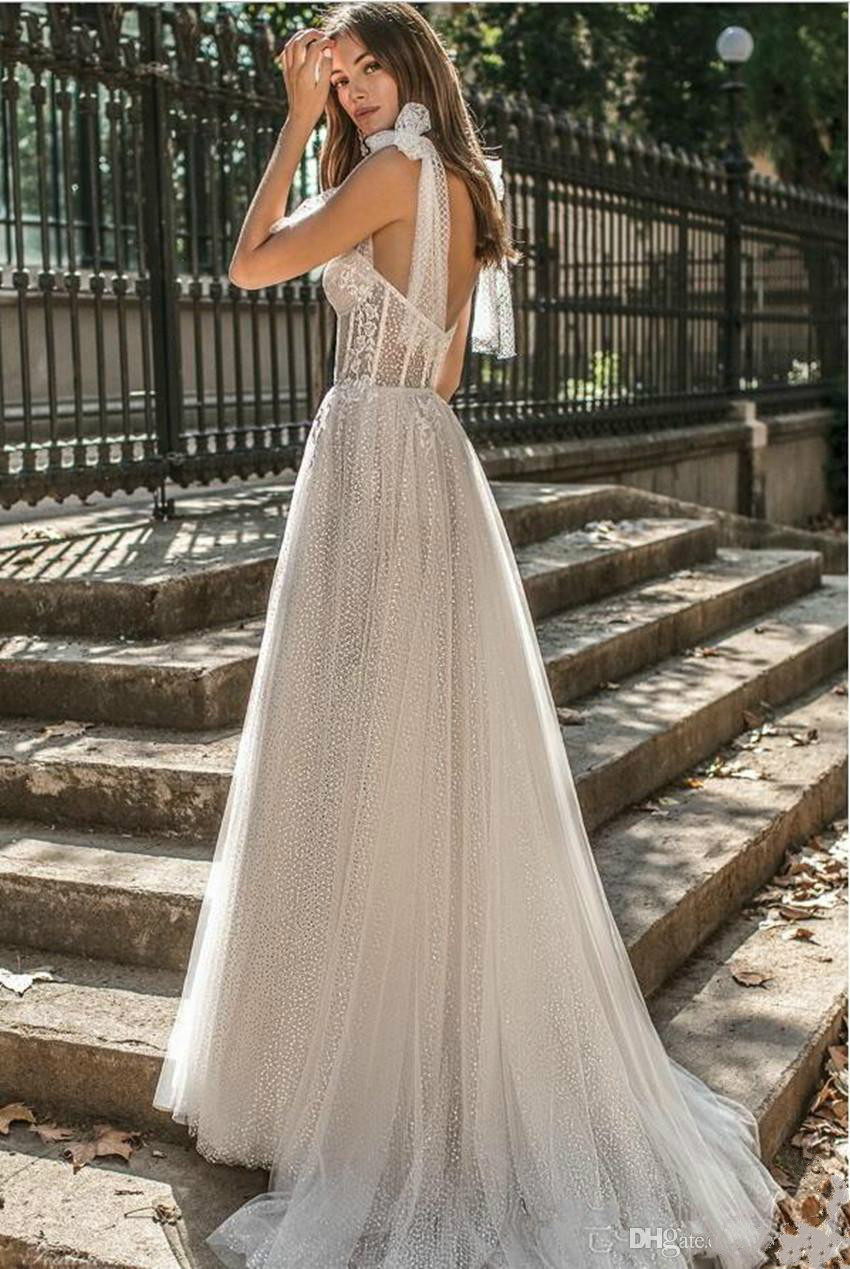 2020 Berta Wedding Dress Straps Lace Appliqued Sequins High Front Split Sweep Train Beach Bridal Gowns Custom Made Robes De Mariée