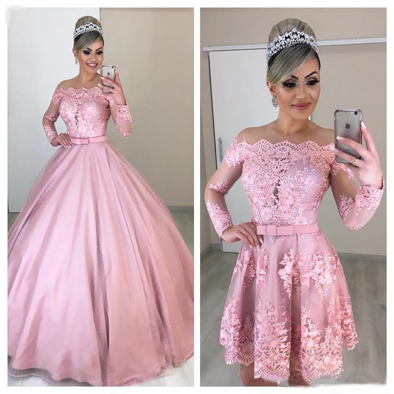 Setwell Bateau Ball Gown Prom Dresses Long Sleeves Lace Appliques Pleated Floor Length Two Pieces Quinceanera Gowns With Bow