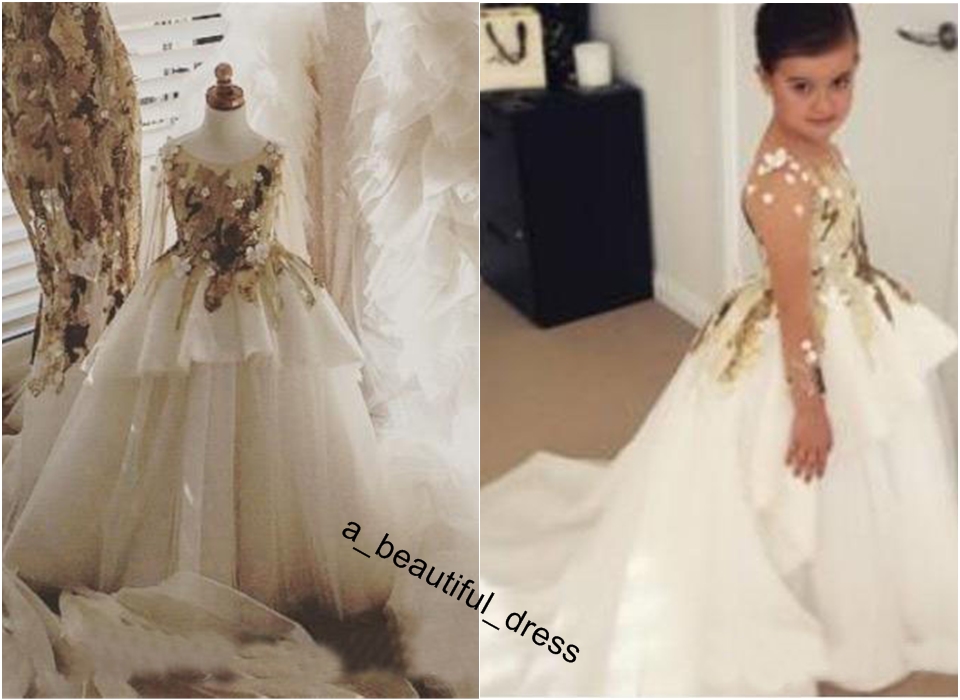 Lovely Flower Girls Dresses For Weddings Long Sleeves Gold Sequins Pageant Party Gowns First Communion Dress For Child Teens Custom FG1291