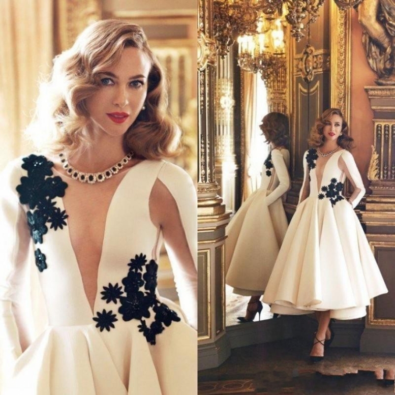 2019 Elegant Arabic Muslim Evening Dress 3D Floral Lace Formal Evening Gowns White Long Sleeves Tea Length Prom Dresses Vestidos de Noiva