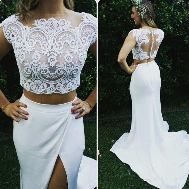 2020 Beach Bohemian Two Pieces Wedding Dresses Mermaid Lace Appliques Boho Long Front Split Bridal Gowns Buttons Back