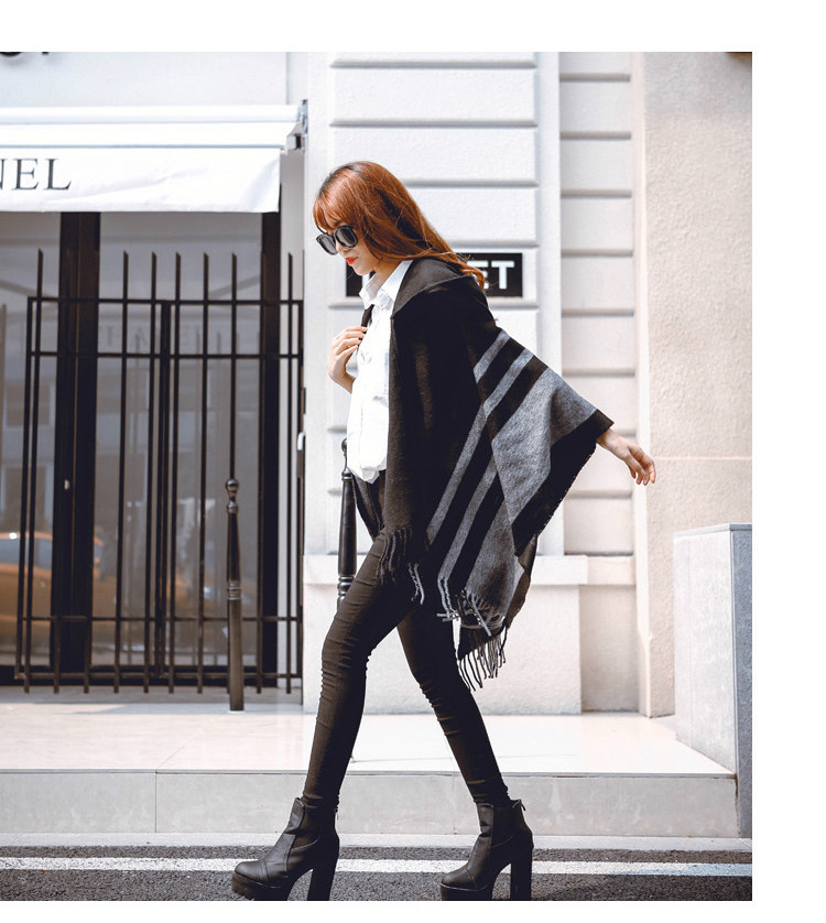 Fashion-Women's Wool Hooded Poncho with Hat Winter Scarves Black Beige Colors