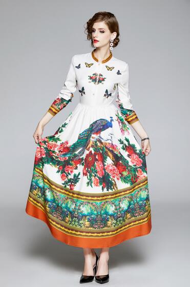 European autumn new women's retro butterfly peacock rose print waist dress, As the picture
European autumn new women's retro butterfly peacock rose print waist dress, As the picture