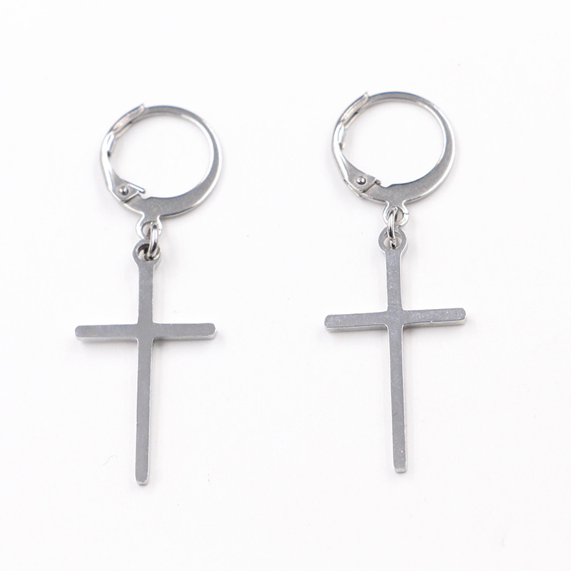 Smiple Punk Men's Cross Stainless Steel Hoop Drop Earrings New Style Hip Hop Earrings Jewelry Wholesale