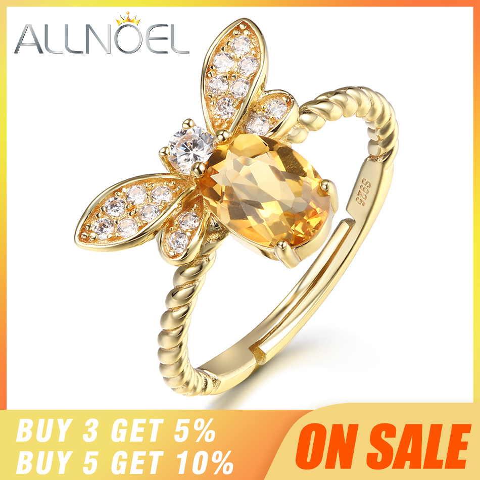 ALLNOEL Fine Jewelry Rings 925 Sterling Silver Natural Gemstone Citrine Bee Engagement Ring Set Wedding Silver Custom Jewellry LY191217