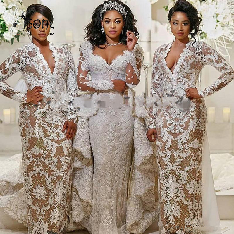 Gorgeous Dubai Lace Mermaid Wedding Dresses With Puffy Detachable Train Ruffles Tiered Bridal Gowns Full Sleeves Wedding Dress