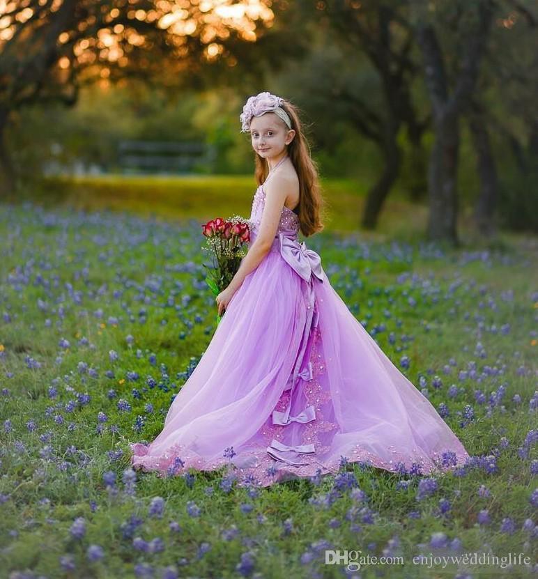 Light Elegant Purple Pageant Halter Neck Crystals Beaded Tulle Flower Girls Dresses for Wedding Satin Bows Kids Party Dress