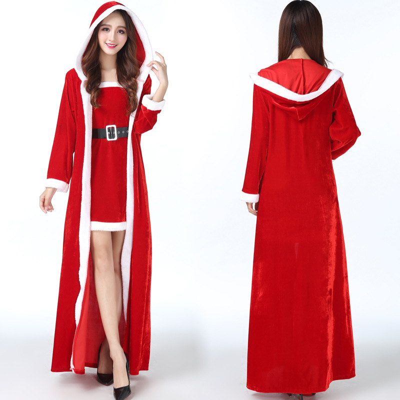 3pcs Set Women Bandeau Dress Long Maxi Hooded Cloak and Belt Belt Velvet Christmas Costume Ms. Santa Claus Cosplay Club Night Party Outfit
