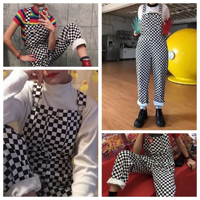 MONERFFI 2019 Retro Streetwear Hiphop Jumpsuit Plaid Print Overalls Women Harajuku Loose Bib Cargo Pants V191021