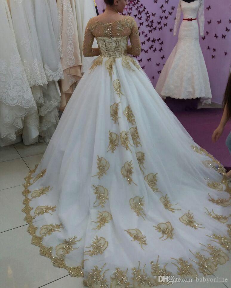 Gold Dubai Arabic Sequined Long Sleeves V Neck Lace Court Train Plus Size Wedding Dress Bridal Gown Custom Made