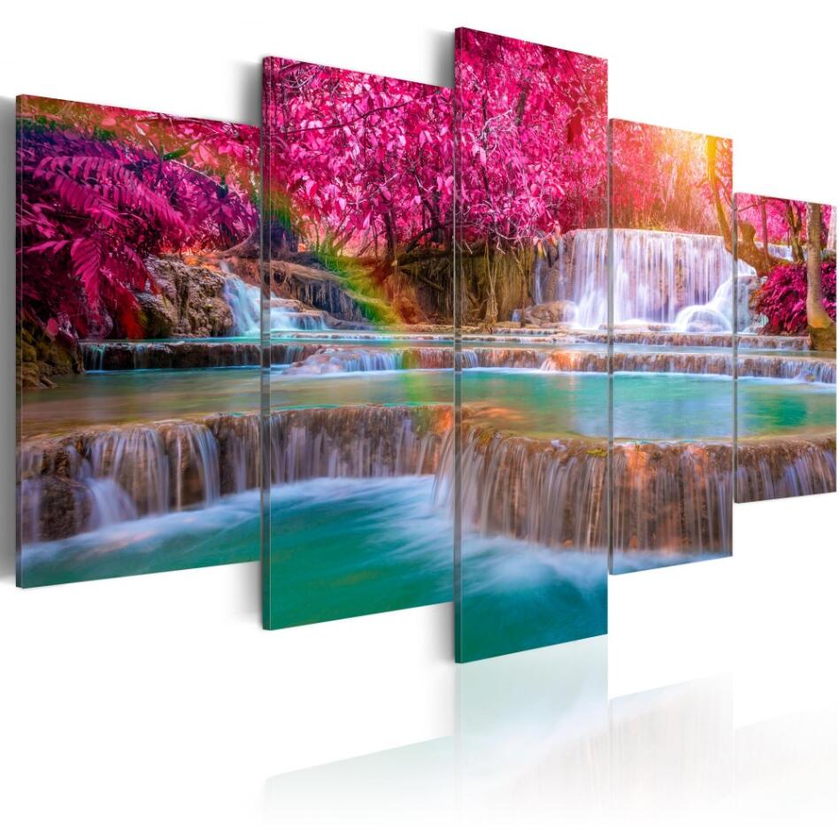 5 Panel Sets Beautiful Waterfall Landscape Painting Flowers Modern Pictures on Canvas Modern Living Room Office Decoration,Choose Color And