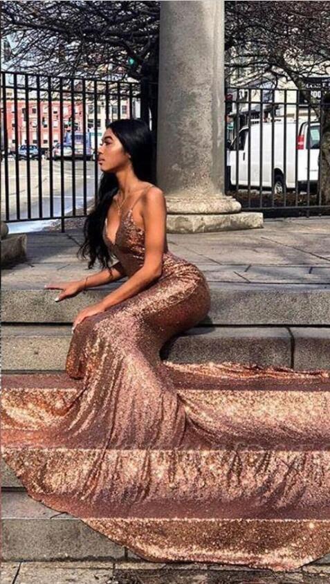 Rose Gold Sequins Mermaid Prom Dresses Black Girls Sexy Backless Pageant Gowns 2019 Spaghetti Strap African Party Long Prom Gowns Vestidos