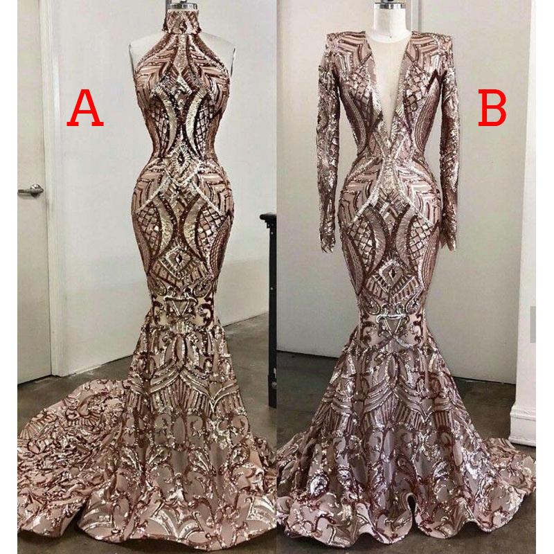 Sparkly Rose Gold Sequins Mermaid Evening Dresses 2020 African Luxury Real Image Muslim Long Sleeve Arab Prom Pageant Gown