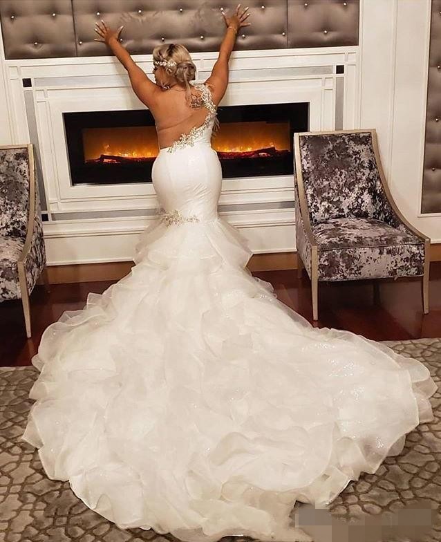 Plus Size Dresses One Shoulder Mermaid Chapel Train Tiered Organza Skirt Beaded Crystal Feather Illusion Back Wedding Gown