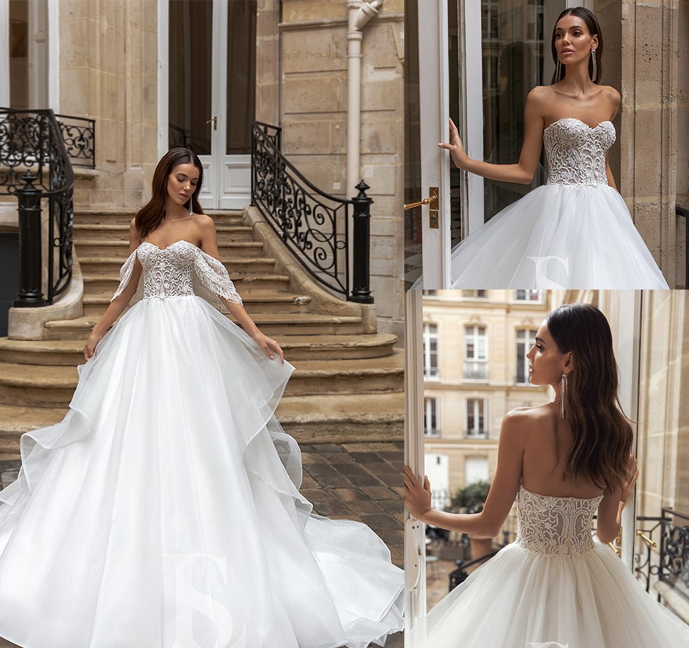 Fashion A Line Wedding Dresses Luxury Beading Strapless Appliques Bridal Gowns Sweep Train Beach Wedding Dress robes de mariée