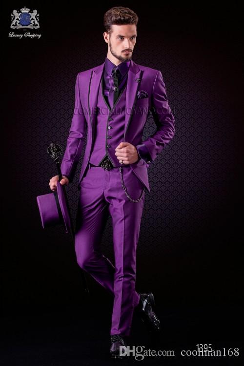 Fashion Purple Groom Tuxedos Peak Lapel Groomsmen Mens Wedding Dress Handsome Man Jacket Blazer 3 Piece Suit(Jacket+Pants+Vest+Tie)