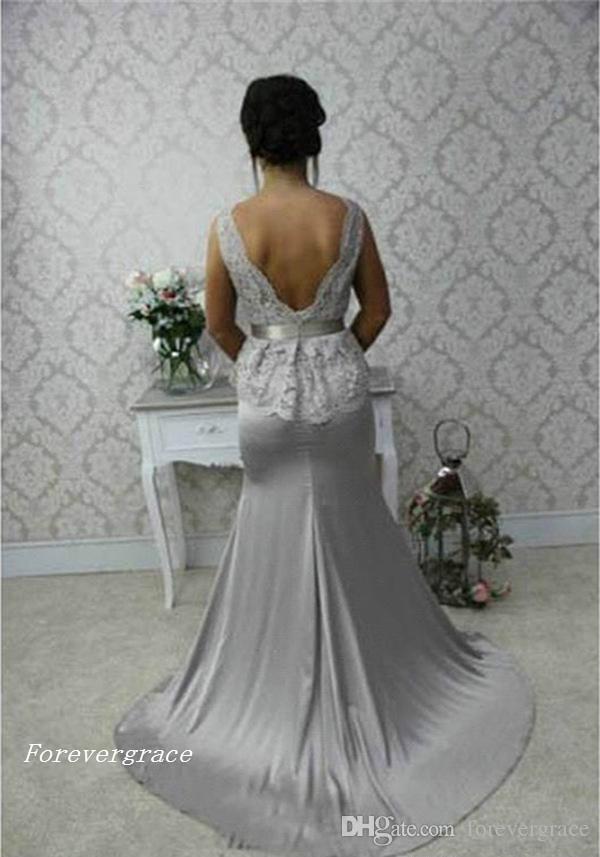 2019 Cheap Grey Lace Peplum Bridesmaid Dress Long Country Garden Formal Wedding Party Guest Maid of Honor Gown Plus Size Custom Made