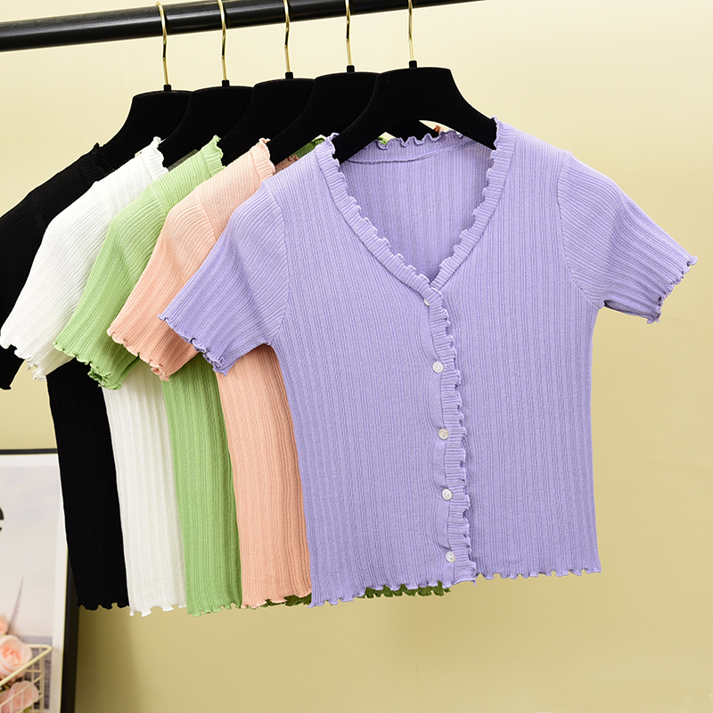 Korean Crop Sweater Women Sexy V Neck Single Breasted Short Cardigan Summer Short Sleeve Ruffles Thin Pull Knitted Tops
Korean Crop Sweater Women Sexy V Neck Single Breasted Short Cardigan Summer Short Sleeve Ruffles Thin Pull Knitted Tops
