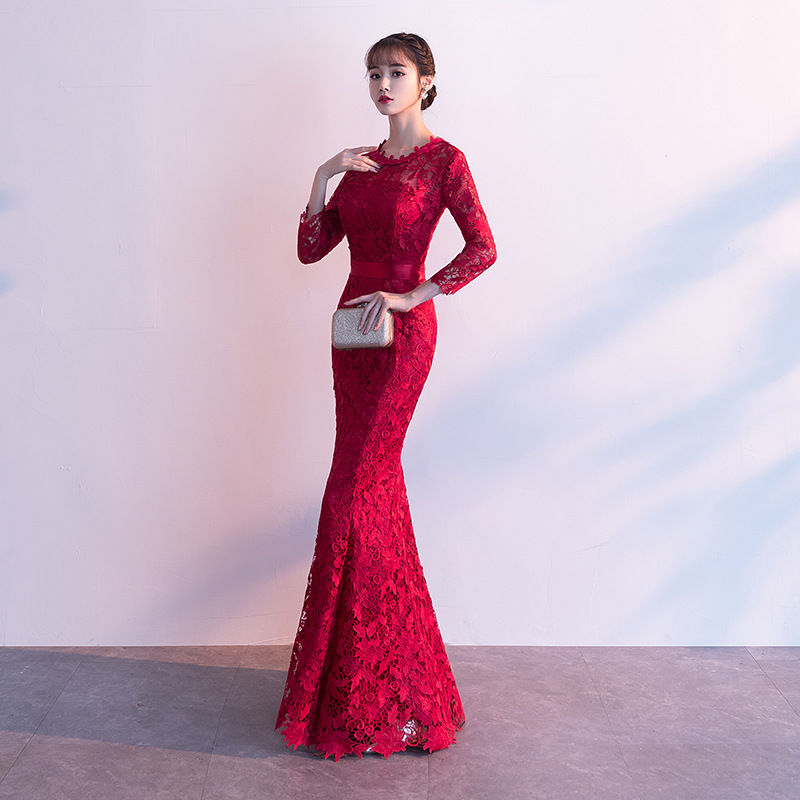 Lace Mermaid Evening Dresses with 3/4 Long Sleeves 2020 Red Long Evening Gown Floor Length Party Dress