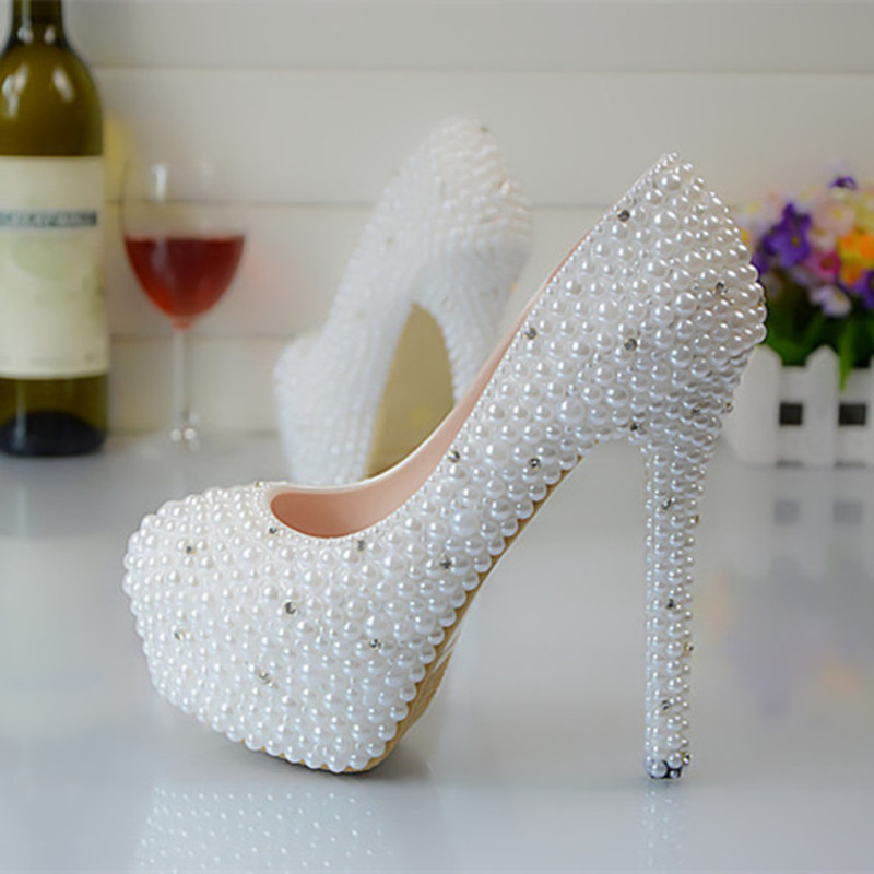 Glitter Wedding Shoes Pearls Beads Pumps High Heels Bridal Shoes Small Diamond 5cm 8cm 11cm 14cm Bling Bling Prom Shoes for Lady