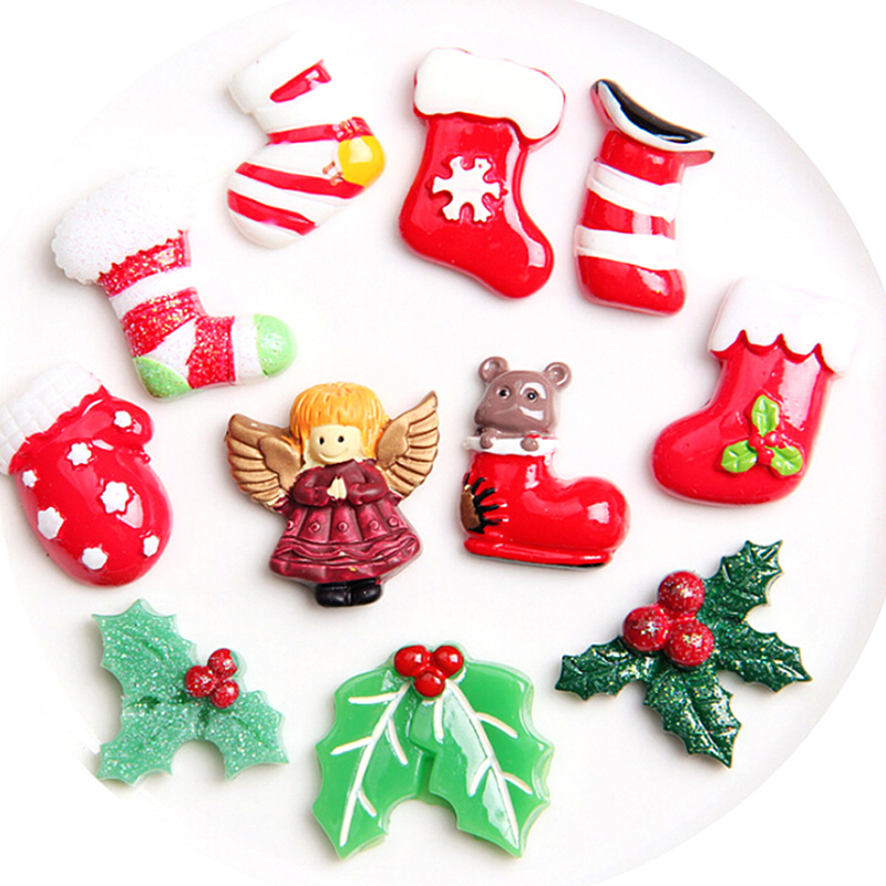10pcs Mixed Resin Christmas Series Crafts Flatback Cabochon Scrapbooking Decorations Fit Hair Clips Embellishments Beads Diy
