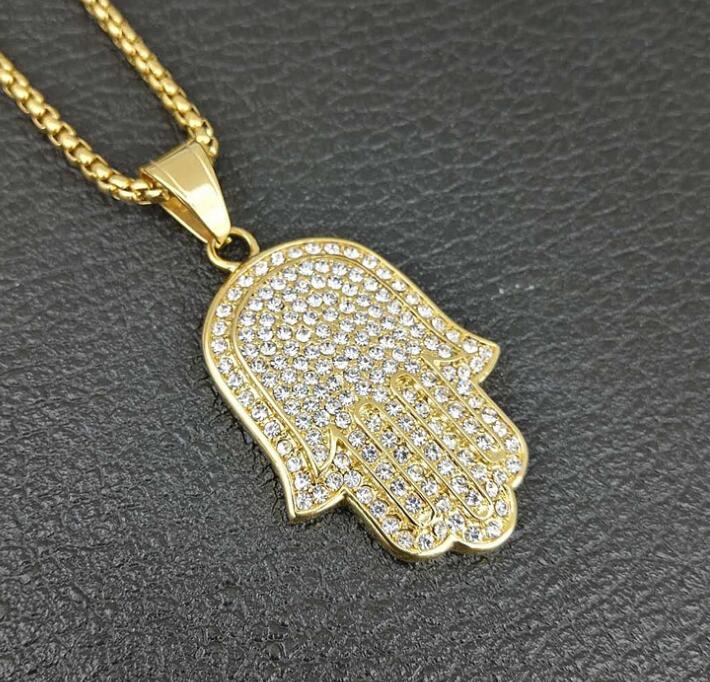 Mens lucky hamsa hand pendant necklace hip hop Rock style Full cubic zirconia 24" rope chain silver gold plated cz men necklace WY015