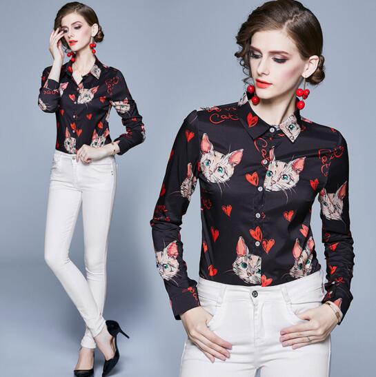 Spring and Autumn New Fashion Bottom Cat Print Slim Shirt, As the picture