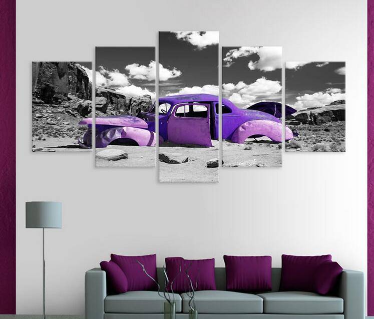 5pcs/set Unframed Broken Purple Car HD Print On Canvas Wall Art Picture For Home and Living Room Decor