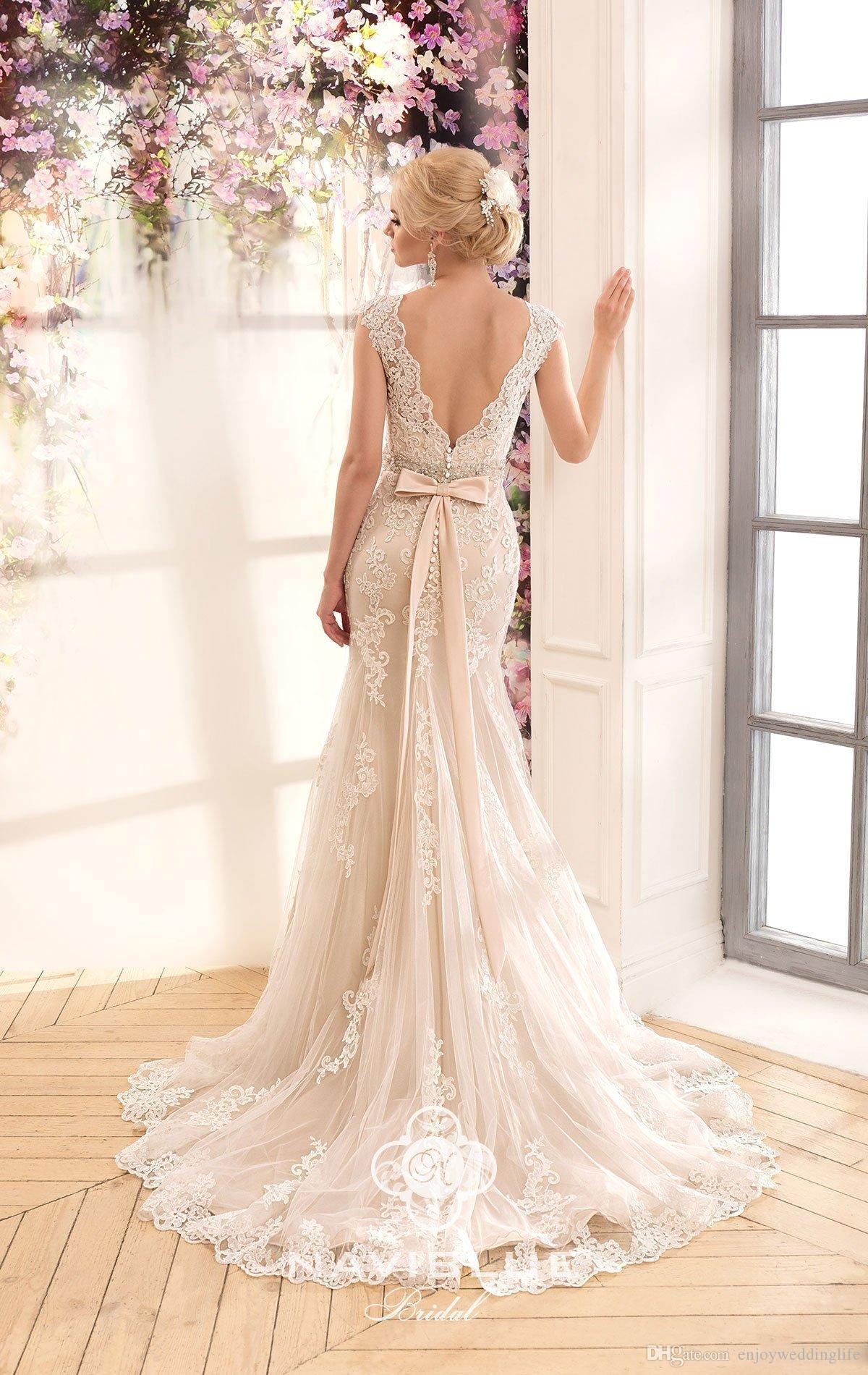 Lace Modest Full Mermaid Dresses Bateau Neck Backless Sweep Train Bow Knot Wedding Dress Bridal Gowns Vestidos De Novia