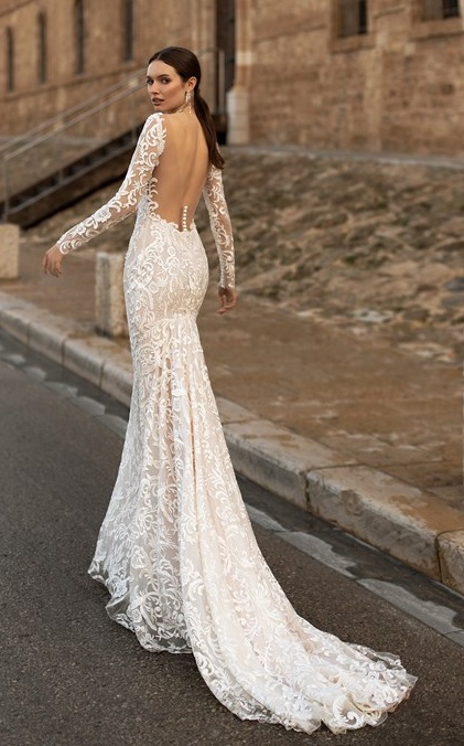 Gorgeous Lace Deep V Neck Wedding Dresses Mermaid vestido de novia with Detachable Train Long Sleeve Backless Brial Wedding Gowns