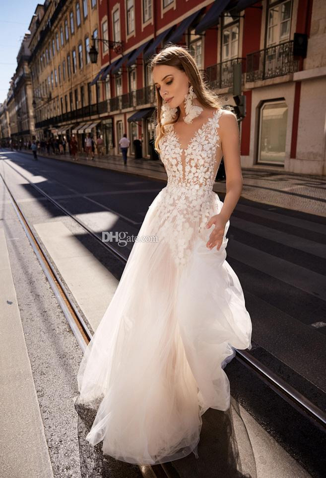 berta lace backless boho wedding dresses plunging v neck a line beach bridals gowns sweep train tulle bohemian vestidos de noiva
