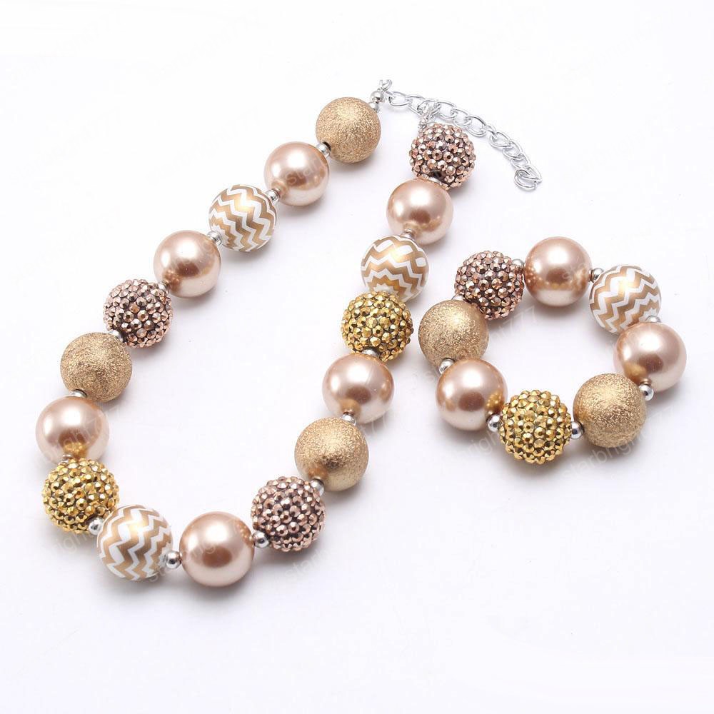 Gold Color Stripe Beads Baby Kid Chunky Necklace&Bracelet Set Fashion Bubblegum Beads Chunky Necklace Jewelry Set For Children Girl