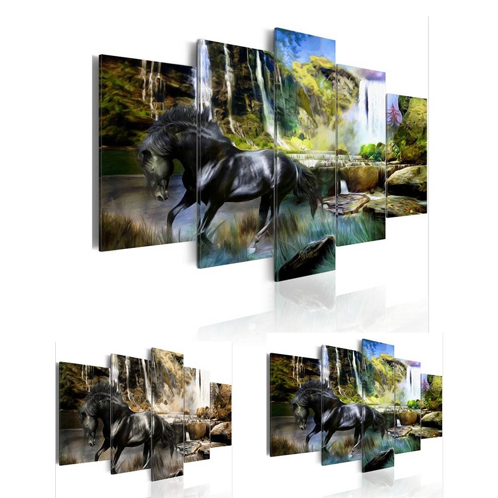 5pcs/set Unframed Black Horse HD Print On Canvas Wall Art Picture For Home and Living Room Decor 2 color