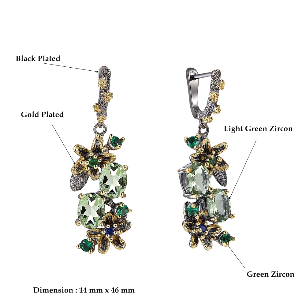 Fashion-Beautiful Dangle Earrings Light Oval Green Cubic Zirconia Stones Flower Leaf Jewellery Black Gold color Jewelry Drop earring