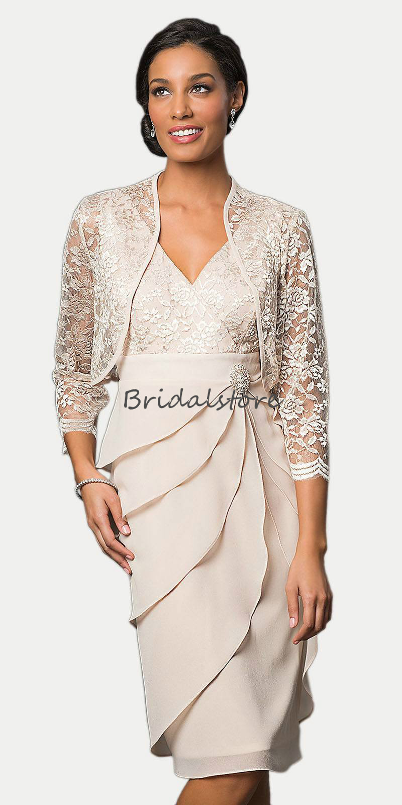 Bohemian Two Piece Mother Of The Bride Dresses Knee Length Chiffon Ruffles Evening Gowns With Boleros Jackets Cheap Groom Mother Outfit Suit
