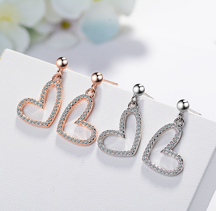 Wholesale- high quality rose gold rhinestone earrings for women silver stud earring cute heart shape fashion jewelry
