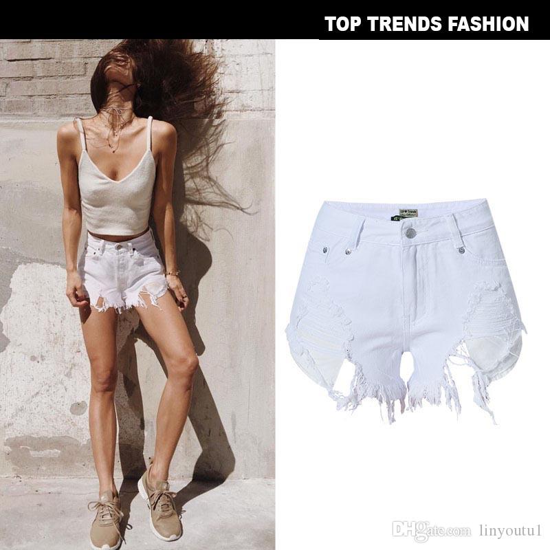 2020 Frayed Edge Ripped Denim Shorts 2019 Great White Women Summer Shorts Fashion Glamorous Female Button Fly Shorts